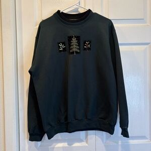 Vintage Top Stitch Christmas Winter Green Long Sleeve Crewneck - Size Large